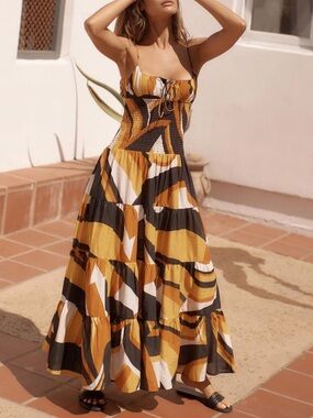 Anthropologie Abstract Print Smocked Tiered Maxi Dress Size XS NWOT